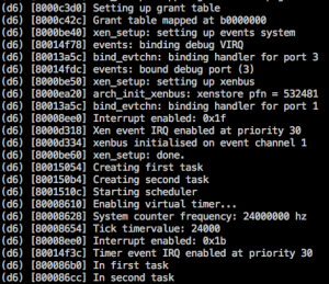 Output from the example program included in the distribution of FreeRTOS for Xen on ARM